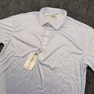 Collars and Co Button Up Polo Shirt Men's Large Blue White Checkered Stretch NWT